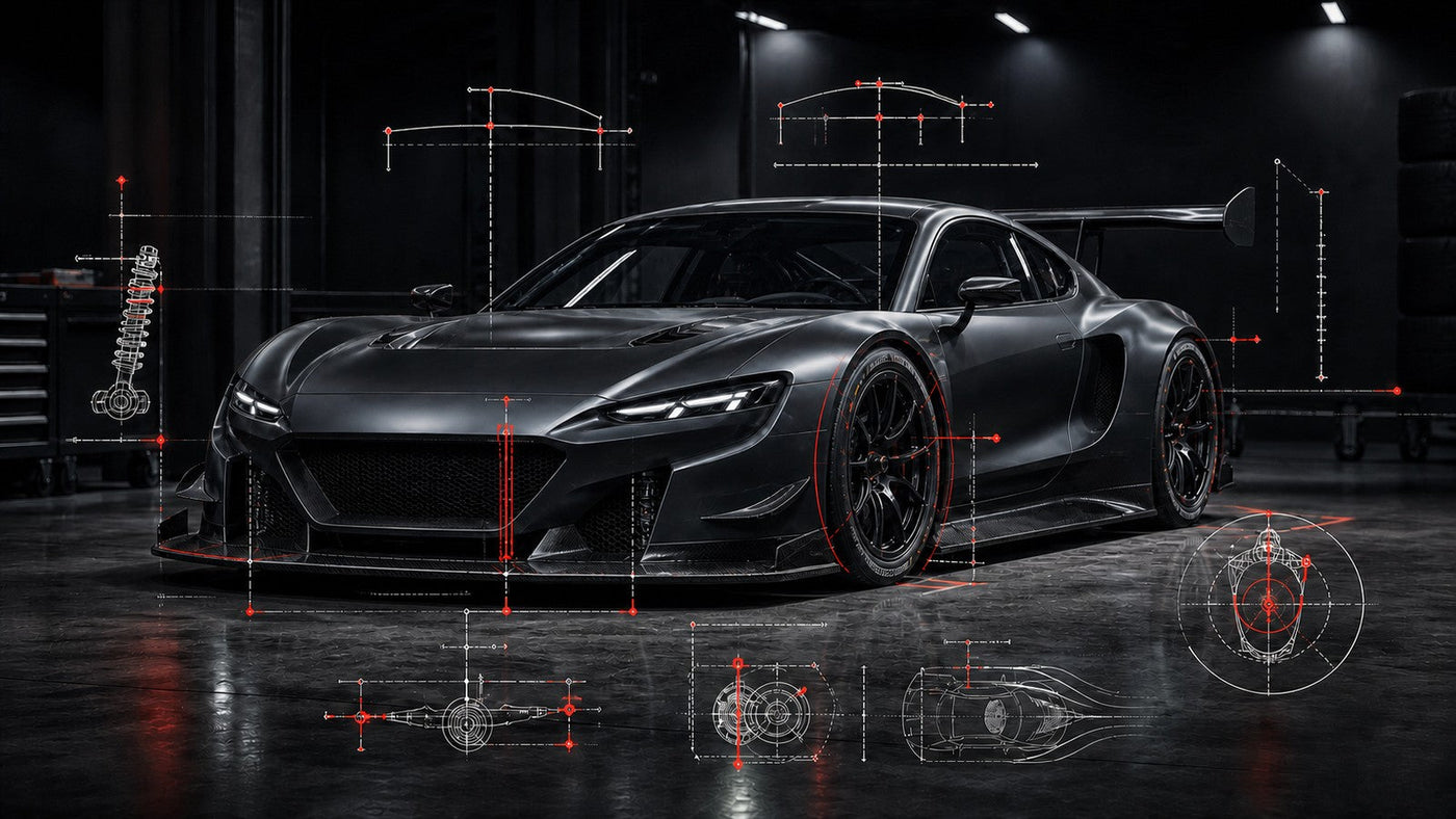 GT-racingbil med tydliga tekniska markeringar för bilsetup i simracing