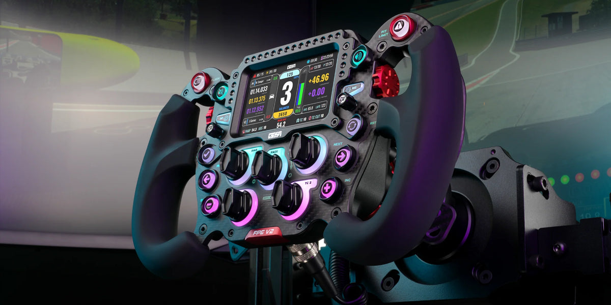 GSI FPE V2 sim racing wheel mounted in a simulator rig with RGB lighting