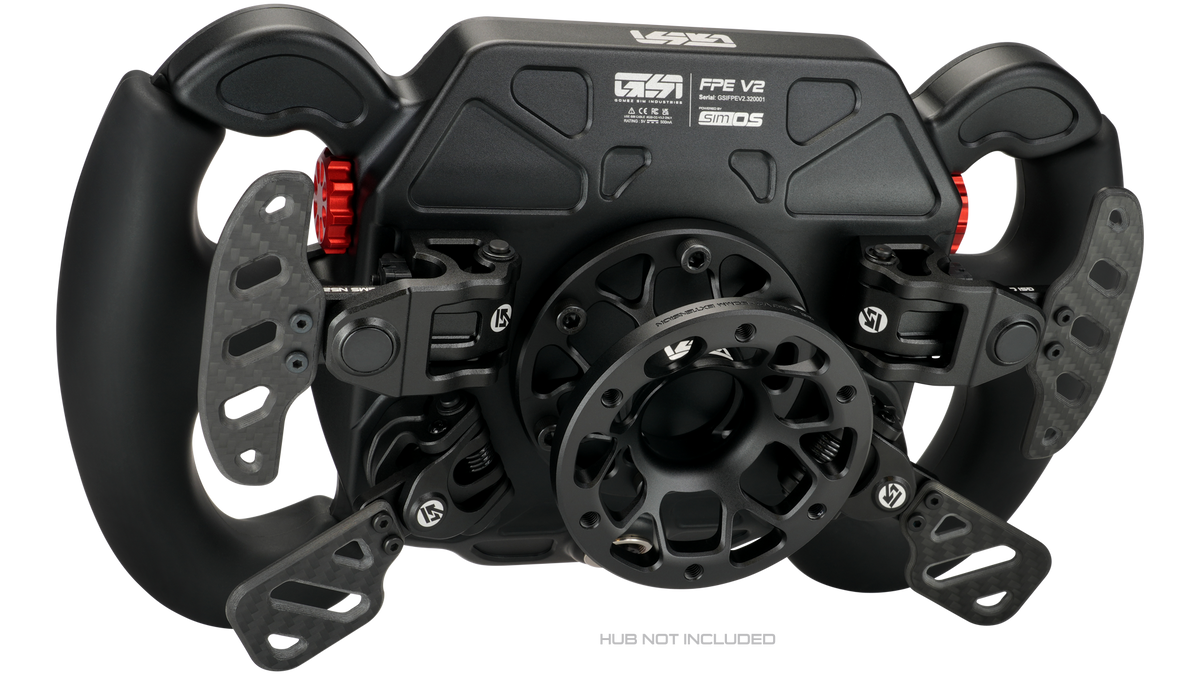 GSI FPE V2 sim racing wheel angled rear view with paddles and mounting hub