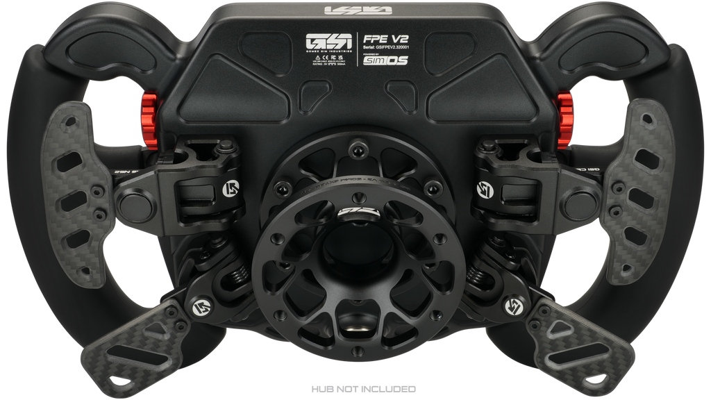GSI FPE V2 sim racing wheel rear view with paddles and mounting hub