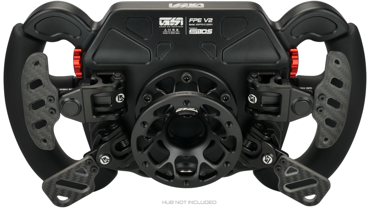 GSI FPE V2 sim racing wheel rear view with paddles and mounting hub