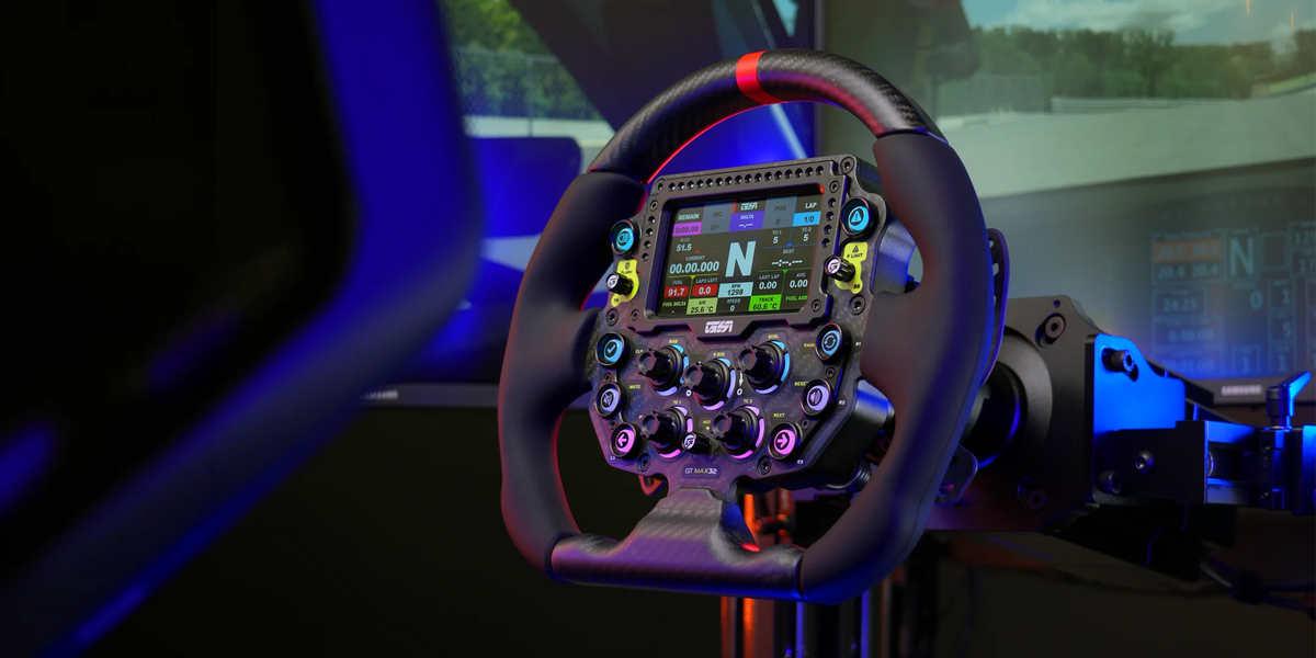GSI GT-MAX32 Rev B sim racing wheel mounted in a simulator rig with telemetry display