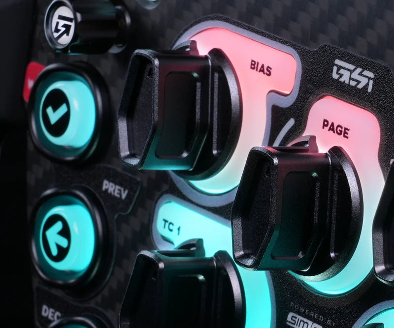 Close-up of illuminated rotary controls on the GSI GXL V2