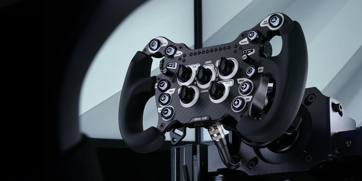GSI GXL V2 sim racing wheel mounted in a simulator rig