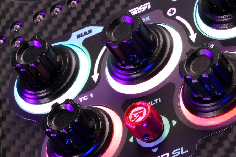 Close-up of RGB illuminated rotary encoders on the GSI Hyper SL
