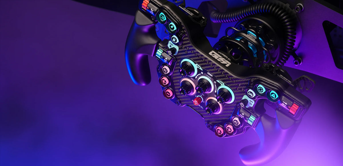 GSI Hyper SL sim racing wheel mounted in a simulator rig with RGB lighting