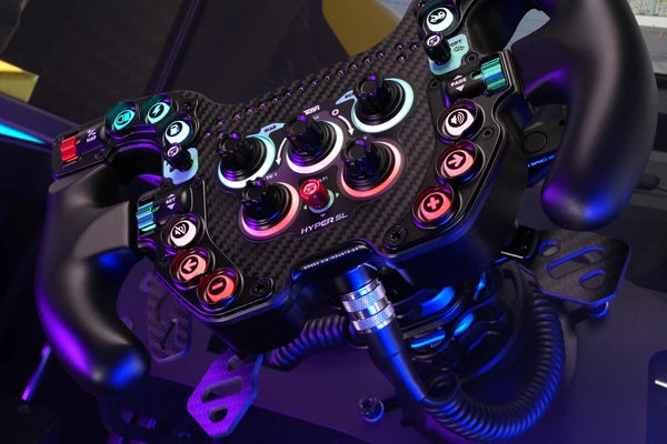 GSI Hyper SL sim racing wheel with controls and coiled cable in a cockpit
