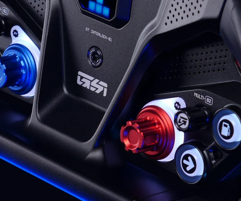 Close-up of illuminated buttons and rotary controls on the GSI Interlock Ultra
