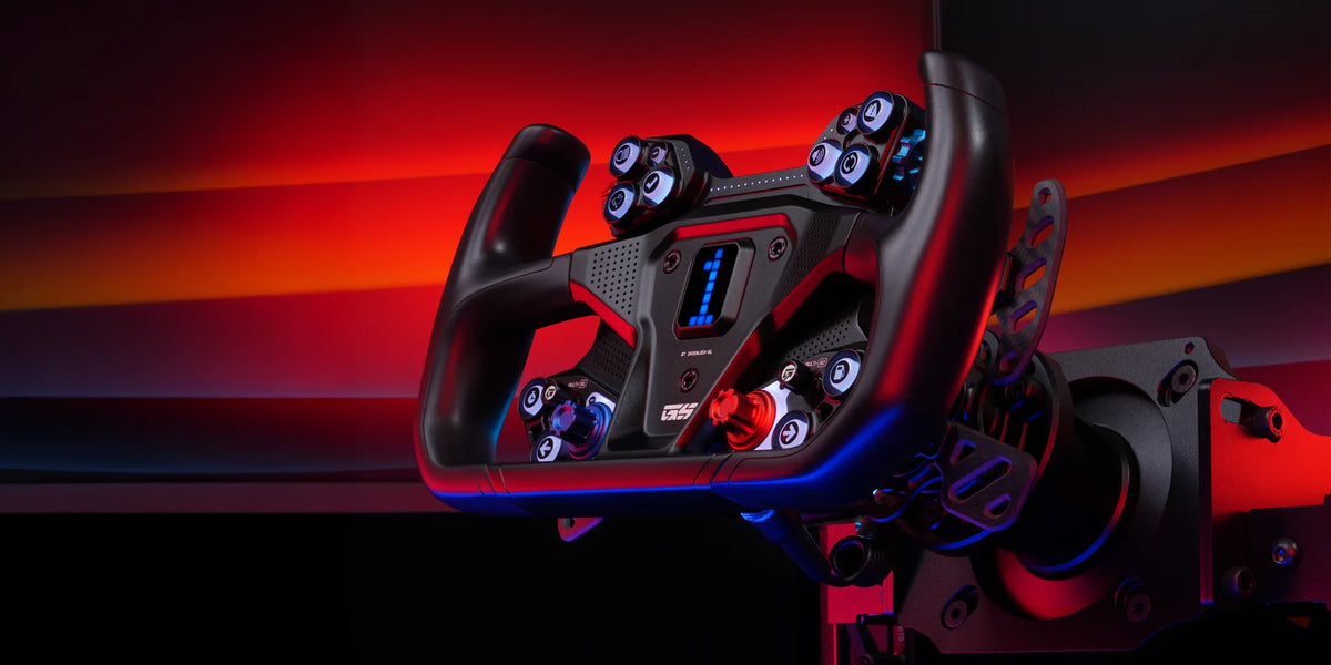 GSI Interlock Ultra sim racing wheel mounted in a simulator rig with red and blue lighting