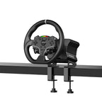 MOZA R5 Racing Bundle monterad på skrivbord med medföljande bordsklämma