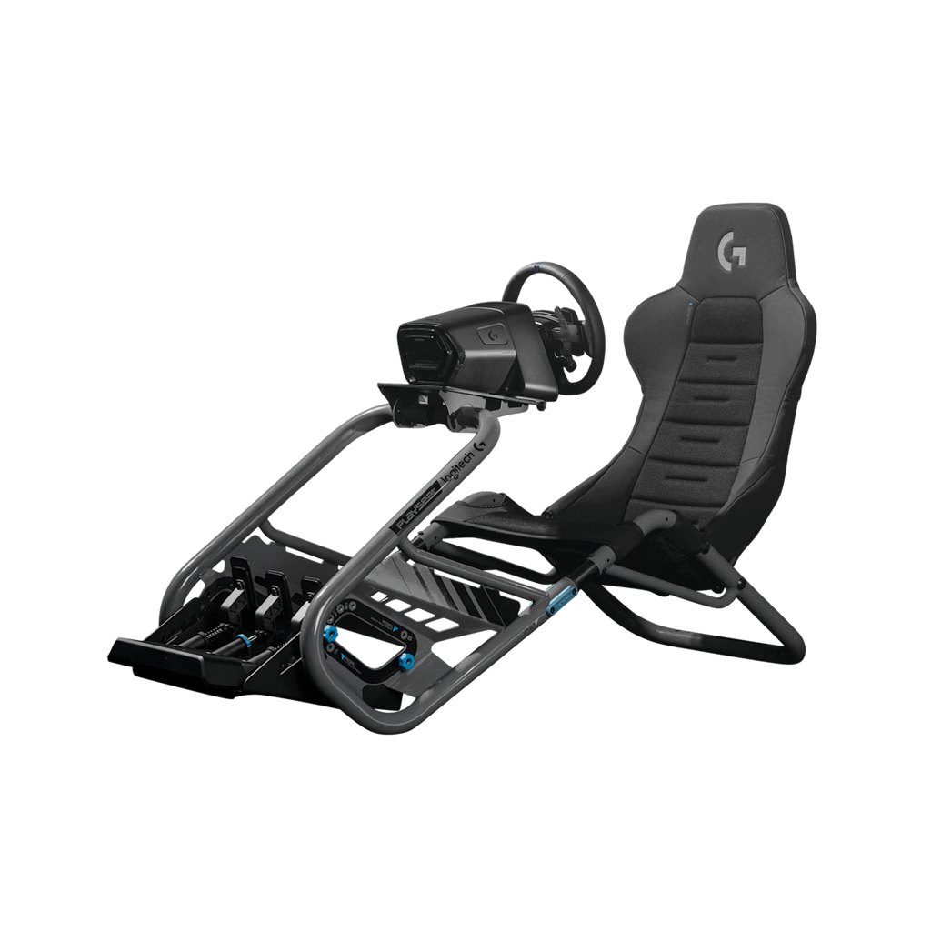 Playseat Trophy Logitech G Edition med Logitech-ratt och pedaler, trekvarts framifrån