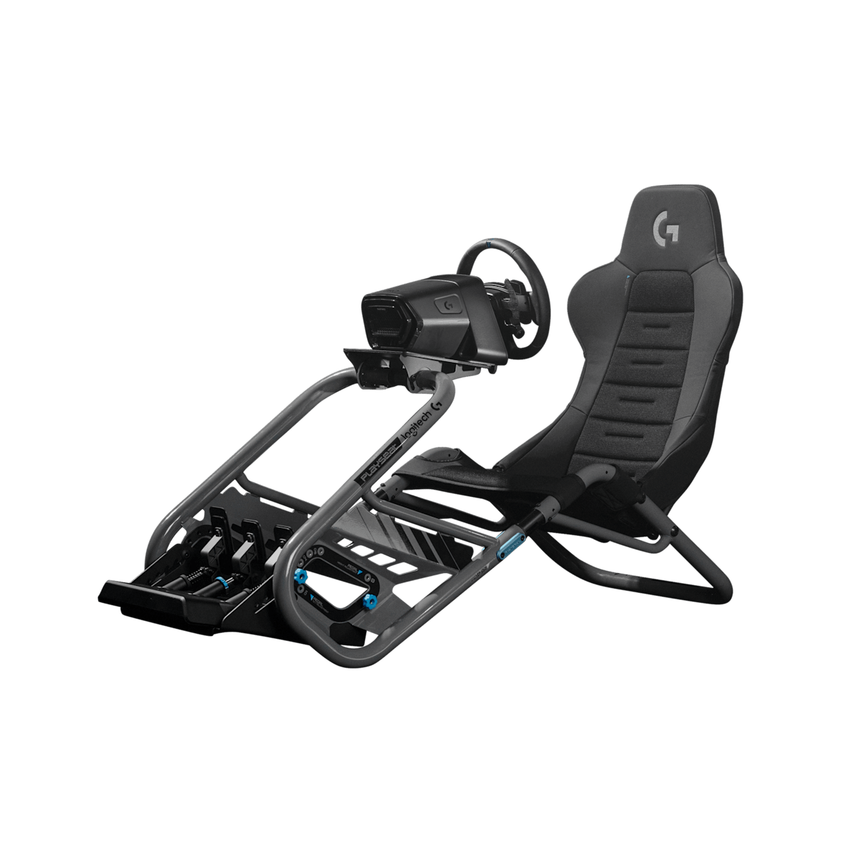 Playseat Trophy Logitech G Edition med Logitech-ratt och pedaler, trekvarts framifrån