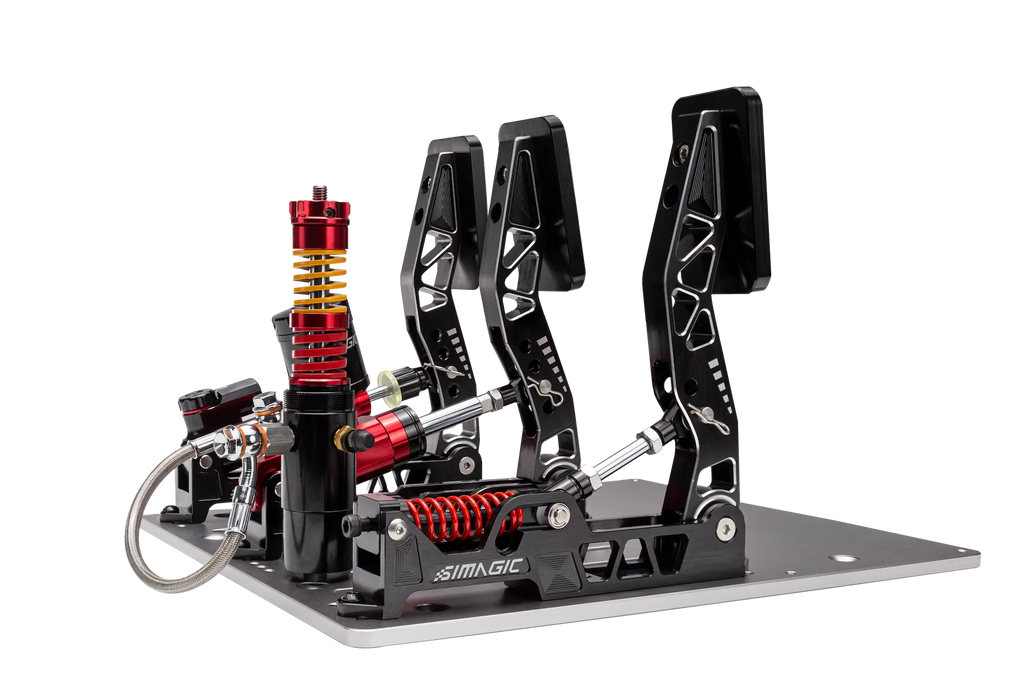 Simagic P2000 hydrauliskt pedalset med tre pedaler sett bakifrån