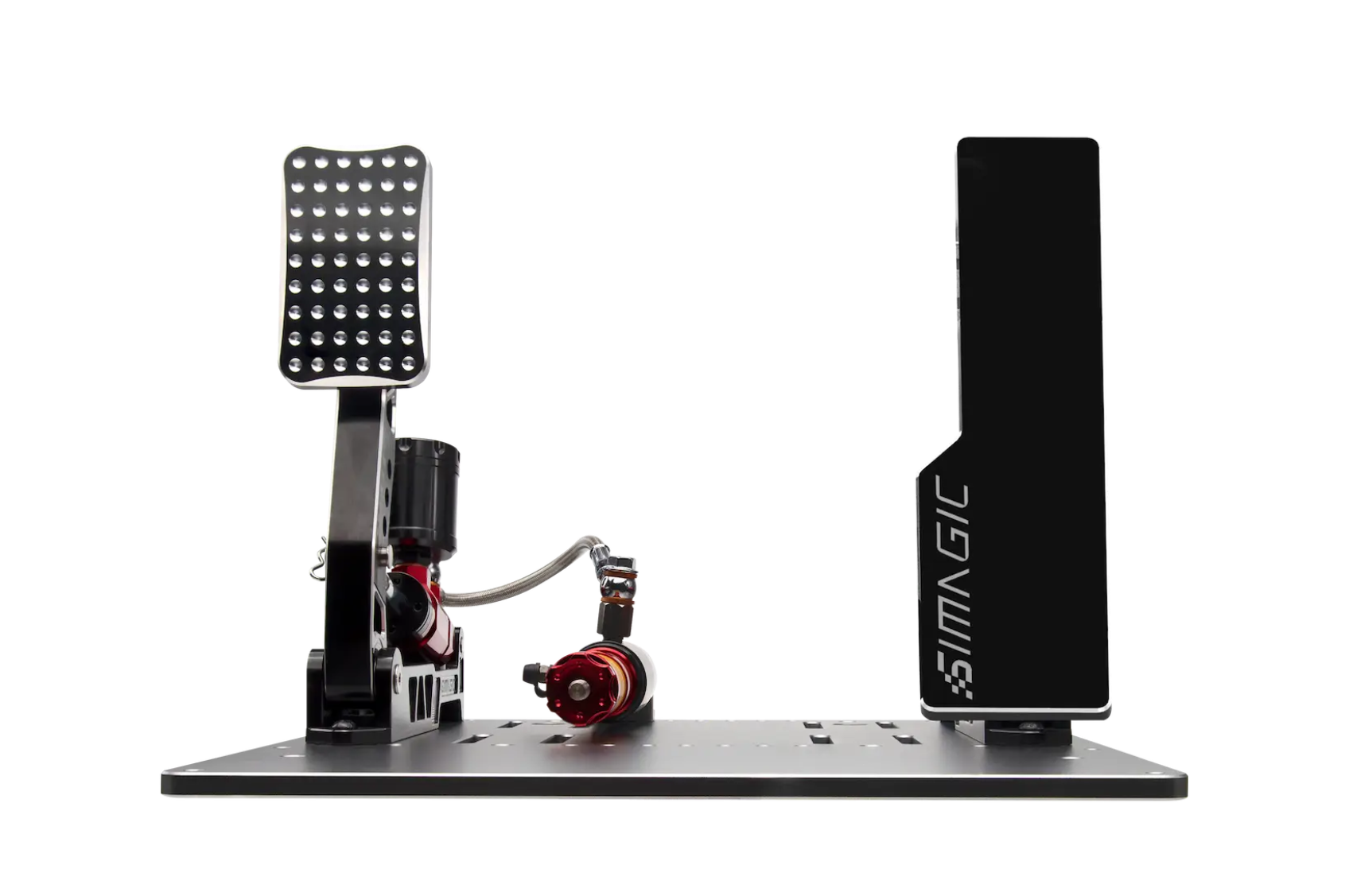 Simagic P2000 pedalset monterat på pedalplatta framifrån