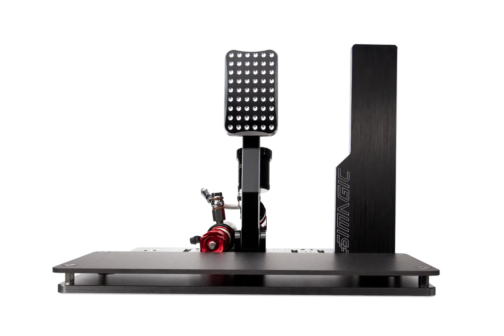 Simagic P2000 gaspedal med pedalplatta och justeringsdetaljer