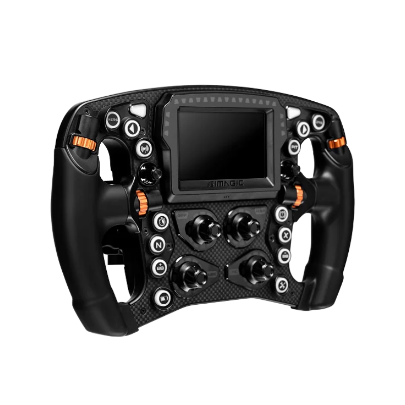 Simagic ZEUS Formula Steering Wheel – front  angle view with telemetry display
