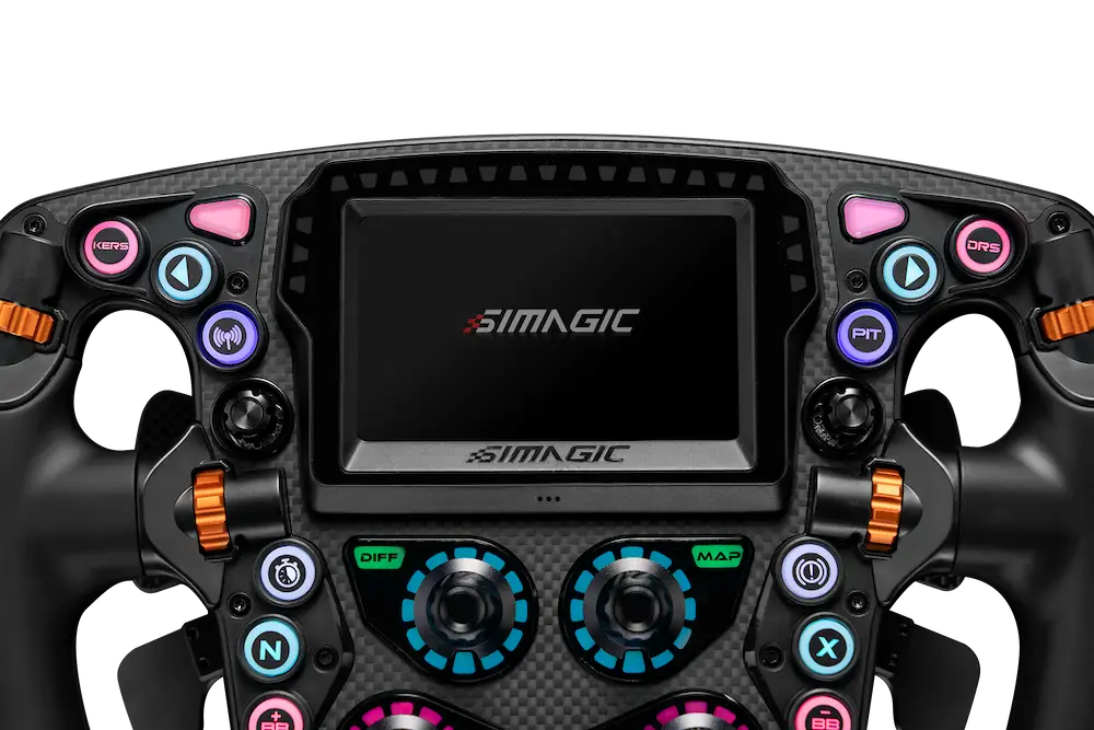 Simagic ZEUS Formula Steering Wheel – front view with telemetry display detail